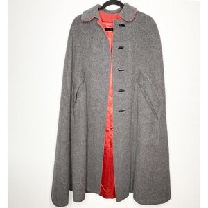 Domino New York Vintage Gray Wool Blend Cape Coat Red‎ Lining Toggle Button OS